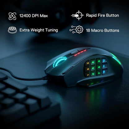 Redragon M908 Impact – Souris Gaming Filaire RGB, 12400 DPI, 18 Boutons Programmables, Poids Ajustable