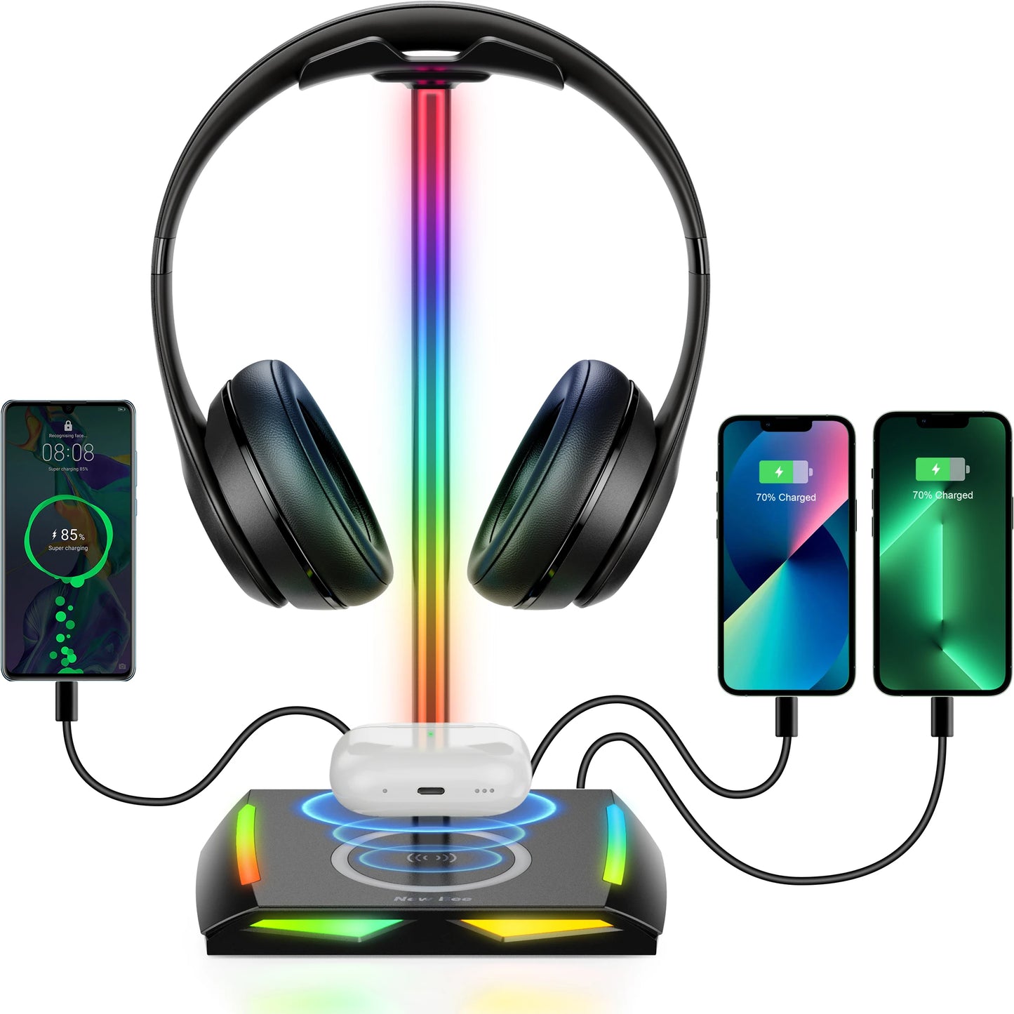 Support Casque Gaming RGB New Bee Z8 – Base Antidérapante + 2 Ports USB