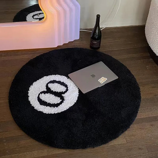 Tapis Rond Noir Billard – Design 8 Boules – Doux & Antidérapant pour Chambre ou Salon