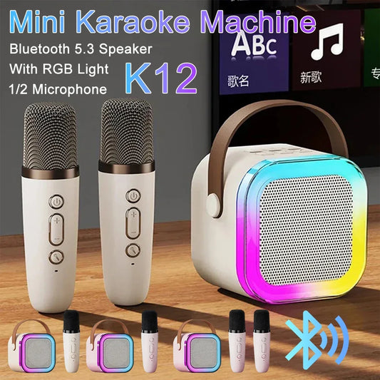 Machine de Karaoké K12 – Enceinte Bluetooth 5.3 avec 2 Micros Sans Fil, Lumières LED, Autonomie Longue