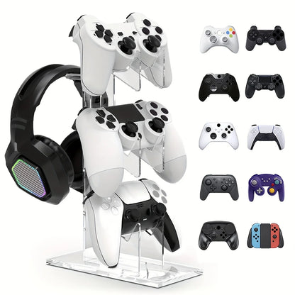 Support de Manettes & Casque 3 Niveaux – Compatible PS5, PS4, Xbox, Switch – Acrylique Transparent